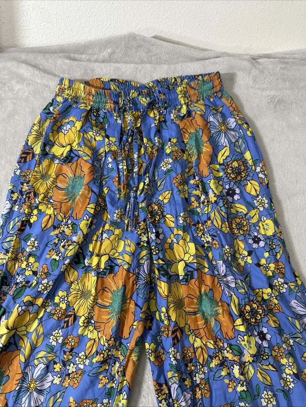 Angie Women’s Floral Wide Leg Rayon Palazzo Pants Blue Boho Size M